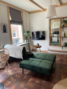 Toast by night في هارلم: غرفة معيشة مع أريكة خضراء وتلفزيون