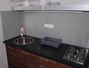 Il comprend une cuisine équipée d'un évier et d'une cuisinière. dans l'établissement Villa Felícia, à Balatonszepezd