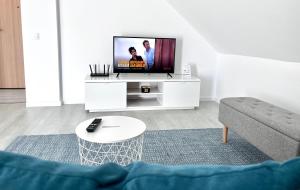 a living room with a tv and a couch at Mira new appartment in Otopeni near airport in Otopeni