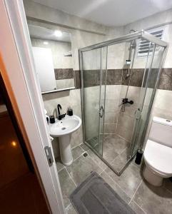 a bathroom with a shower and a toilet and a sink at Mr Miller Suites in Istanbul