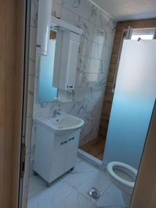 uma casa de banho com um lavatório e um WC em Goran apartmani em Sokobanja