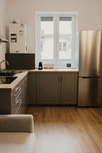 Il comprend une cuisine équipée d'un réfrigérateur en acier inoxydable et une fenêtre. dans l'établissement No.8 Studio, à Sibiu