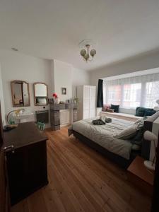 a bedroom with a bed and a sink and a mirror at Charmante Art Deco rijwoning in Ostend
