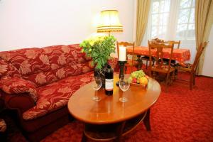 a living room with a couch and a table with wine glasses at Hotel Przy Oślej Bramie - Zamek Książ in Wałbrzych