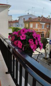 um pote de flores cor-de-rosa sentado num corrimão em Casa Angelina em Grado