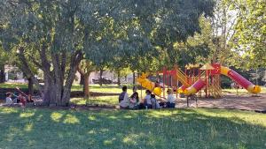 un grupo de personas sentadas bajo un árbol en un parque en Casa del Parque en Tandil