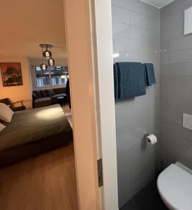 a small room with a bed and a bathroom at Swiss Art Apartment City Center in Zürich