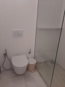 uma casa de banho branca com um WC e um chuveiro em Apartamento da Praia em Odeceixe