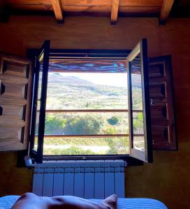 een raam in een slaapkamer met uitzicht op een veld bij CASA RURAL MOLINO DEL JERTE in Navaconcejo