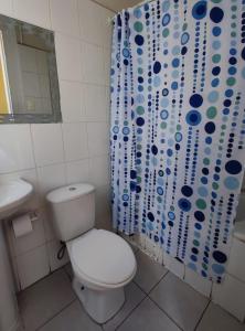 a bathroom with a toilet and a shower curtain at La Galería B&B in Valparaíso