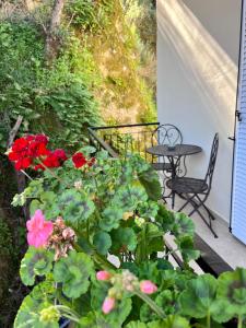 a patio with red flowers and a table and chairs at Helena's Apartment in Corfu town in Corfu