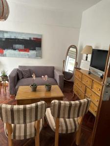 uma sala de estar com um sofá e uma mesa em Lujoso Semipiso Panorámico 2 habitaciones cocina independiente lavadero cochera privada a metros del subte em Buenos Aires