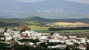 Une grande ville blanche avec des montagnes en arrière-plan dans l'établissement Suites Benalup Centro, à Benalup-Casas Viejas