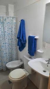 La salle de bains est pourvue de toilettes, d'un lavabo et d'une serviette bleue. dans l'établissement Departamento Citrino, à Godoy Cruz