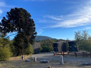 um par de pequenos edifícios num campo com uma árvore em Araucanía Pura em Malalcahuello