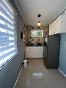 Elle comprend une petite cuisine avec des placards blancs et un réfrigérateur. dans l'établissement REFUGIO RIVER PUELO, à Puelo