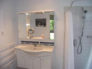 a bathroom with a sink and a mirror and a shower at Hosts on the Coast - Vista Verde in Pauanui +18 photos