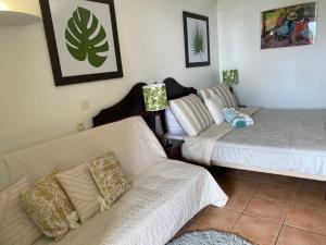 salon z dwoma łóżkami i kanapą w obiekcie Au beau village studio rez de jardin w mieście Sainte-Luce