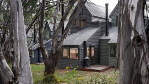 uma casa cinzenta com um alpendre na floresta em Blairs em Dinner Plain