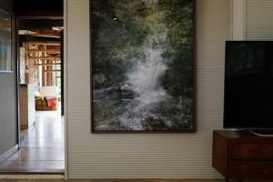 een schilderij hangend aan een muur naast een tv bij Lyra Kangaroo Valley in Kangaroo Valley