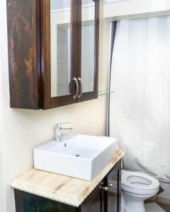 ein Badezimmer mit einem Waschbecken und einem Holzschrank in der Unterkunft Francis Nook Belle Garden Room in San Juan