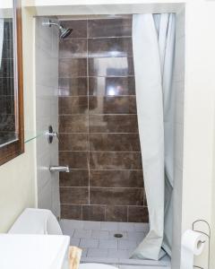 a bathroom with a shower with a toilet at Francis Nook Belle Garden Room in San Juan