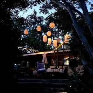 a group of paper lanterns hanging over a patio at The Secret Figtree Cottage in Clare