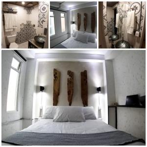 2 fotos de un dormitorio con cama y ventana en Hotel & Rooftop Farallones, en Betania