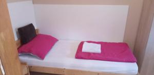 a small bed with two pink pillows on it at Levendula in Békéscsaba