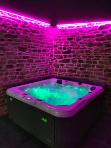 een hot tub met paarse verlichting op een bakstenen muur bij Le jardin Médicis avec jacuzzi et sauna privatifs in Trédion