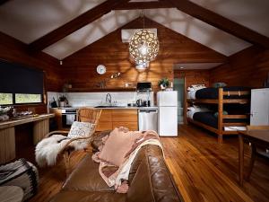 a living room with a couch and a kitchen at Kangaroo Valley Timber Cabin in Kangaroo Valley