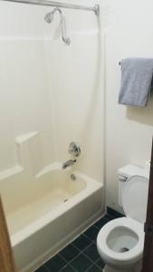 y baño con aseo y bañera con lavamanos. en OSU King Bed Hotel Room 112 Wi-Fi Hot Tub Booking, en Stillwater