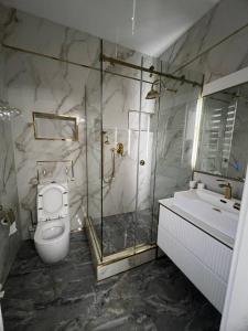 uma casa de banho com um chuveiro, um WC e um lavatório. em lux apartment in tashkent city em Tashkent