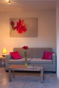 salon z kanapą i stołem z czerwonymi poduszkami w obiekcie Le Domaine du Thronnet w mieście Figanières