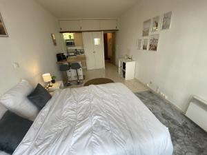 a bedroom with a white bed and a living room at Le Jaures - Studio au coeur de ville in Toulouse