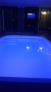 uma grande banheira azul num quarto escuro em A l'Origine em Lille