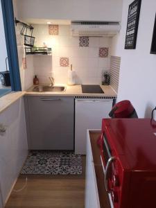 Appartement cosy au centre-ville de Toulouse في تولوز: مطبخ صغير مع حوض وثلاجة حمراء