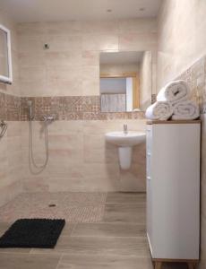 W łazience znajduje się umywalka i prysznic. w obiekcie Alojamiento Lo Trabucador w mieście El Poblenou del Delta