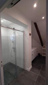 a bathroom with a shower with a glass shower stall at Gîte aux trois suites parentales et son jacuzzi 