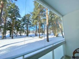 a window with a view of a snow covered yard at City Apartment Sotilaskatu in Iisalmi
