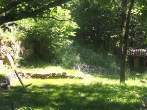 a garden with a stone wall in the grass at Tente Tipi en pleine forêt in Burzet