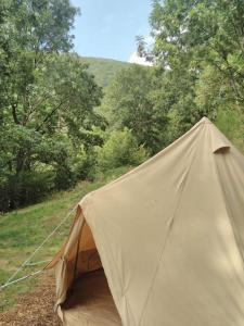 a tan tent in the middle of a field at Tente Tipi en pleine forêt in Burzet