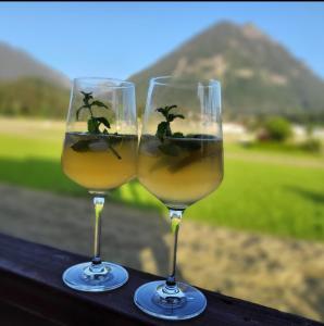 zwei Gläser Weißwein auf dem Tisch in der Unterkunft Panoramablick in Breitenwang