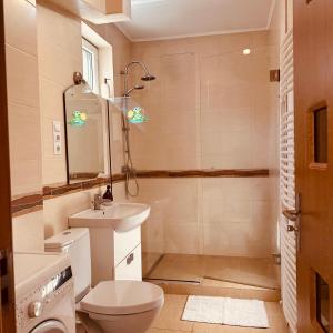 a bathroom with a toilet and a sink at Sweet Apartament in Baia Mare