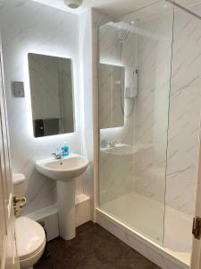 uma casa de banho com um chuveiro, um lavatório e um WC. em Apartment with Swimming Pool em Tenby