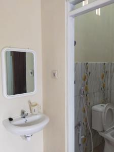 a bathroom with a sink and a mirror and a toilet at Tingang84 Guesthouse in Palangkaraya