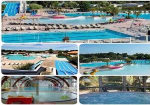 a collage of four pictures of a swimming pool at Mobilhome COSY - espace aquatique - lac in Gastes