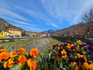 a river with colorful flowers in a city at Charmant studio Palais du Golf in Sospel