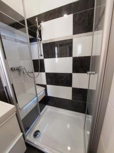 a shower with a glass door in a bathroom at Gerald´s Apartment 19 in Vienna