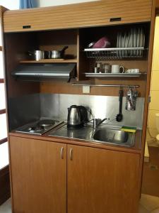 a kitchen with a sink and a stove with pots and pans at Villa Le Chocolate in Vrasná